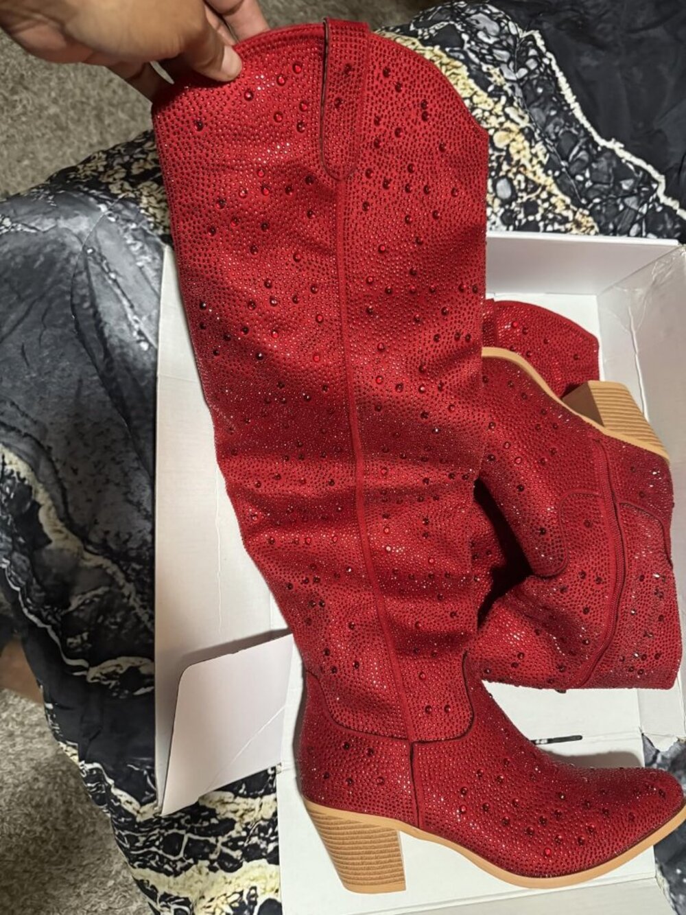 Women's  Red Over Knee Pointed Toe Sparkly Chunky Heel Thigh High Boots